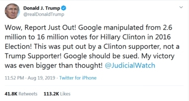 特朗普批谷歌“操纵”2016美国大选：应该被起诉！