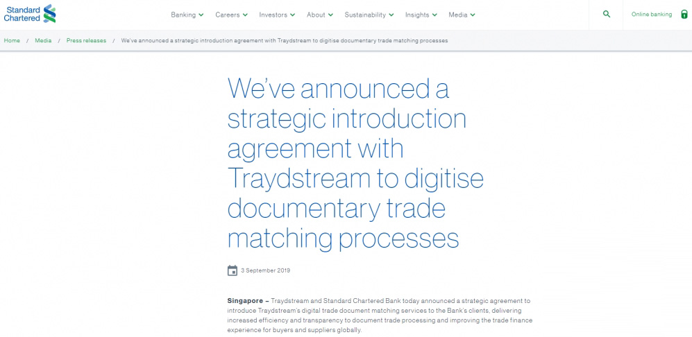 渣打银行携手Traydstream，提供数字交易文件匹配服务
