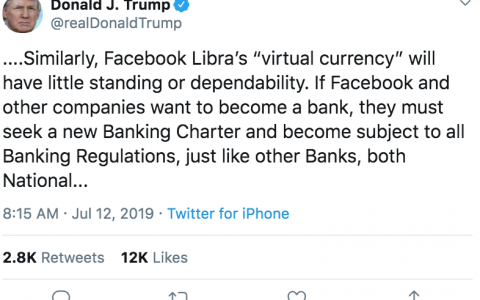 美国总统特朗普：Facebook发行数字货币，需要银行牌照并接受监管