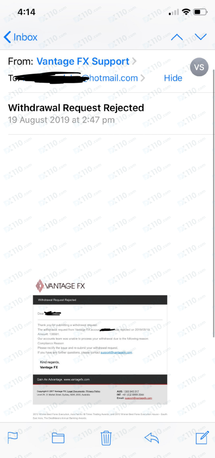 VantageFX万致未给出理由拒绝出金且封闭账户